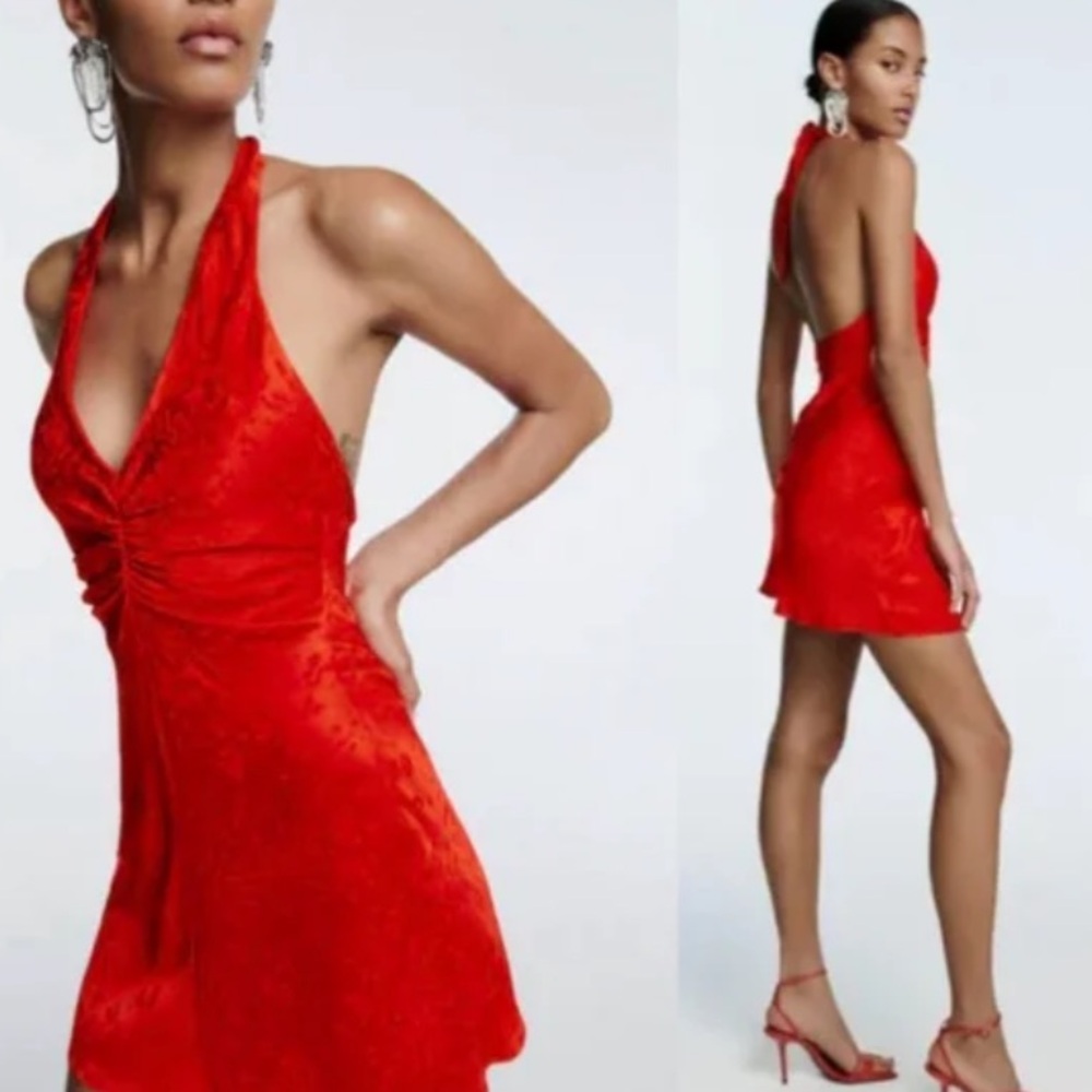 Zara Jacquard Halter Satin Dress